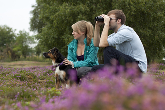 Young couple nature watching with a dog in heathland, August (c) Tom Marshall